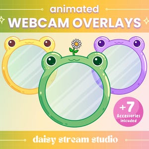 May include: Three animated webcam overlays featuring cartoon frogs with different colored frames. The overlays are designed for use in live streaming and video calls. The text "animated webcam overlays" and "daisy stream studio" are also included in the image.