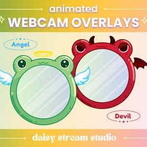 May include: Animated webcam overlays featuring a green frog with angel wings and a red devil with horns. Both are holding round mirrors with a white background. The text "Angel" and "Devil" are written below each character.