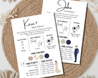 Bewerkbare infokaart bruidsmeisjesvoorstel en bruidsjonkers | Sjabloon bruidsfeestdetails | Minimalistische canvas voorstelkaart | Gids voor huwelijksfeesten