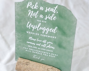 Custom Unplugged Ceremony / Pick a Seat Sign with Driftwood Stand, wedding sea glass sign, beach theme wedding decor, beach wedding sign