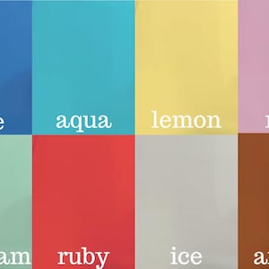 Image displaying color options for handcrafted acrylic sea glass table numbers: blue, aqua, lemon, rose, sea foam, ruby, ice, and amber.