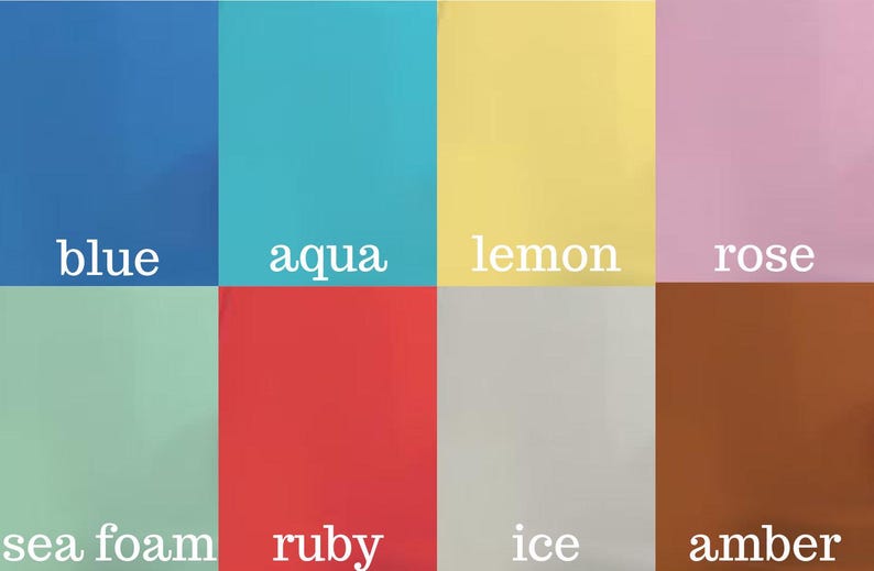 Image displaying color options for handcrafted acrylic sea glass table numbers: blue, aqua, lemon, rose, sea foam, ruby, ice, and amber.