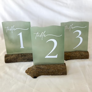 Faux Sea Glass Table Numbers with Driftwood Stands for Coastal Weddings, Acrylic Table Numbers, Real Driftwood Stands, Beach Wedding Table sea foam