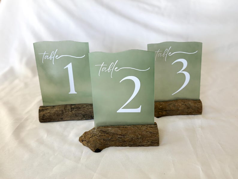 Faux Sea Glass Table Numbers with Driftwood Stands for Coastal Weddings, Acrylic Table Numbers, Real Driftwood Stands, Beach Wedding Table sea foam