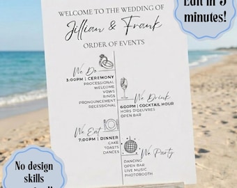 Sjabloon tijdlijn kustbruiloft, minimalistisch strandroutebord, bewerkbare canva download trouwdagschema, doe-het-zelfbestelling