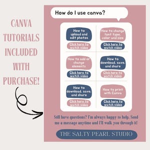 Op de afbeelding: Een roze en witte afbeelding met Canva-tutorials. De afbeelding bevat tekstvakken met instructies over het gebruik van Canva, zoals het uploaden van foto's en het wijzigen van lettertypen. De tekst "CANVA TUTORIALS INBEGREPEN BIJ AANKOOP!" is ook opgenomen.