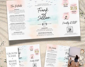 Driebladige bruiloftsuitnodiging met QR-code | Sjabloon strand aquarel bruiloft uitnodiging | Kaart met bruiloftdetails aan de kust | Bewerkbaar afdrukbaar canvas
