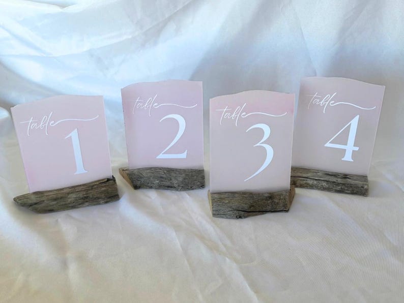 Faux Sea Glass Table Numbers with Driftwood Stands for Coastal Weddings, Acrylic Table Numbers, Real Driftwood Stands, Beach Wedding Table rose