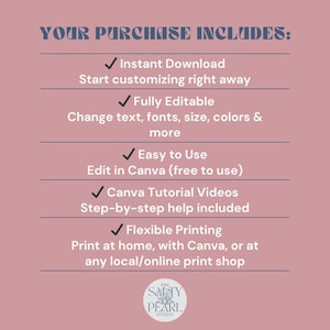 Op de afbeelding: Een roze afbeelding met tekst die "YOUR PURCHASE INCLUDES:" (UW AANKOOP OMVAT:) weergeeft, gevolgd door een lijst met functies, waaronder direct downloaden, volledig bewerkbaar, gemakkelijk te gebruiken, Canva-tutorialvideo's en flexibel printen. Het logo van "The Salty Pearl Studio" staat onderaan.