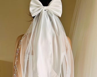 Bow bridal headpiece, satin tulle bow,