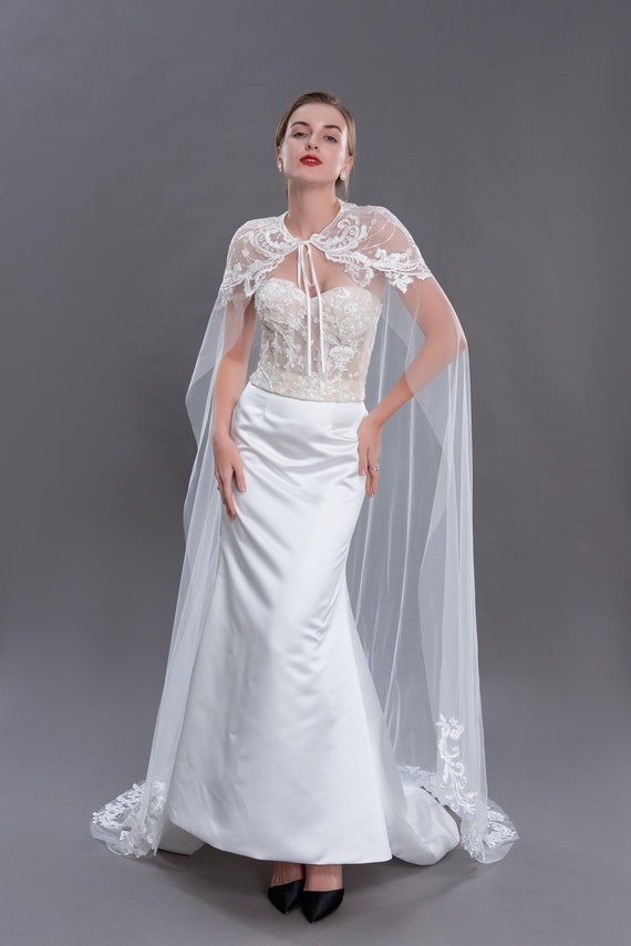 Ivory embroidered lace tulle cape, wedding dress accessories