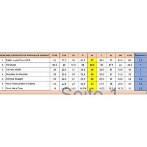 May include: A size chart for ready-made garments, displaying measurements in centimeters. The chart includes sizes from XXXS to XXXL, detailing measurements such as total length, chest, hem width, shoulder width, armhole, and neck width.