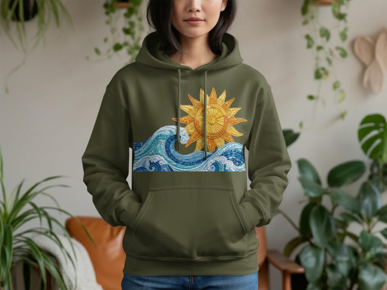 Ocean Waves Sun Hoodie, Beachy Boho Coastal Sweatshirt, Summer Ocean ...