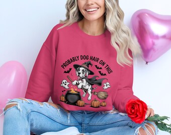 Bluza z psem na Halloween, uroczy pies-wiedźma, zabawny pies na Halloween, bluza z psią sierścią, bluza jesienna, straszny sezon, bluza z asystą AI