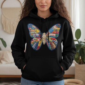 Whimsical Patchwork Butterfly Hoodie | Cottagecore Faux Quilted Butterfly Sweatshirt with Pearl Effect | Boho Unique Artistic Cozy Top
