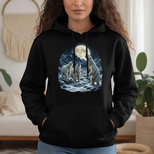 Moletom com Capuz Três Ursos Polares Uivando para a Lua, Presente para Amantes da Natureza Ártica e da Vida Selvagem no Inverno, Moletom Céu Noturno de Lua Cheia