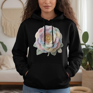Cottagecore Quilted Flower Hoodie, Pastel Aesthetic Floral Pullover, Soft Girl Lace Effect Jumper, Whimsical Grandmacore Bloom Hooded