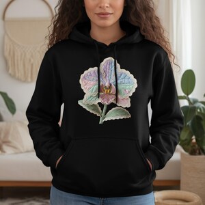 Cottagecore Orchid Hoodie Faux Quilted Floral Patchwork Sweatshirt, Vintage Lace Trim Botanical Pastel Flowers Cozy Pullover Gift for Her