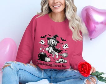 Bluza z psem-wiedźmą, pies na Halloween, zabawna bluza z psem, prezent dla miłośnika zwierząt, koszulka dla mamy psa, pies w kapeluszu czarownicy, upiorna bluza, wspomaganie AI