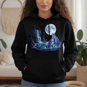 Mystical Dolphin Moon Hoodie, Tropical Night Ocean Waterfall Design, Celestial Marine Life Art Pullover, Fantasy Nature Gift for Her