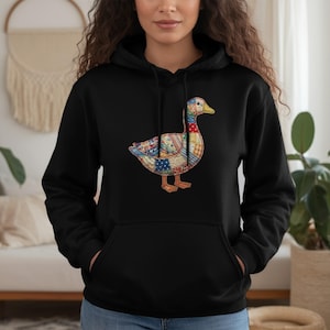 Cozy Patchwork Goose Hoodie, Vintage Faux Quilted Duck Print, Cottagecore Farmhouse Style Pullover, Grandmacore Aesthetic Bird Lover Gift