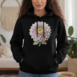 Pastel Quilted Flower Hoodie, Cottagecore Aesthetic Floral Print Sweatshirt, Whimsical Boho Faux Patchwork Daisy Pullover Gift for Her