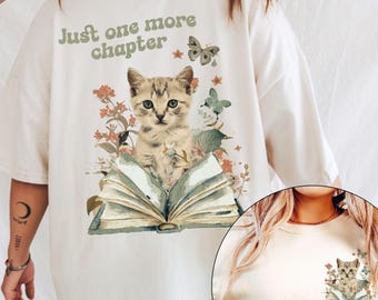 Just One More Chapter Cat Shirt, Bookish Cat Comfort Colors Tee, Cozy Book Lover Gift, Vintage Reading Shirt for Readers, Cat Owners Gift