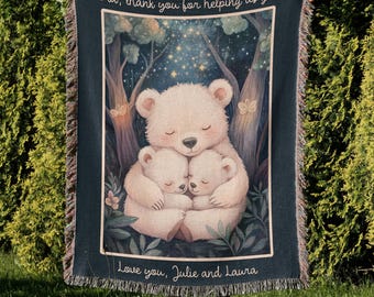May include: A woven tapestry with a dark blue background featuring a white polar bear with two cubs. The bear family is surrounded by green leaves and a starry night sky. The text "mama, thank you for helping us grow. Love you, Julie and Laura" is printed on the tapestry.