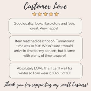 Pu&ograve; includere: Immagine di recensioni dei clienti con il titolo "Customer Love" e cinque stelle d'oro. Le recensioni sono in fumetti e dicono "Buona qualit&agrave;, sembra la foto e si sente benissimo. Molto felice!" e "L'articolo corrispondeva alla descrizione."