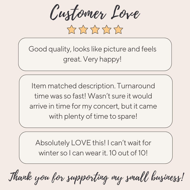 Pu&ograve; includere: Immagine di recensioni dei clienti con il titolo "Customer Love" e cinque stelle d'oro. Le recensioni sono in fumetti e dicono "Buona qualit&agrave;, sembra la foto e si sente benissimo. Molto felice!" e "L'articolo corrispondeva alla descrizione."