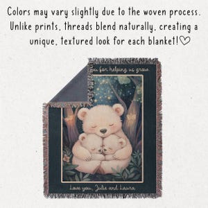 May include: A woven tapestry throw blanket with a dark blue background featuring a white bear with two cubs. The bears are nestled together in a forest setting with stars and butterflies. The text "Thank you for helping us grow. Love you, Julie and Laura" is printed on the blanket.