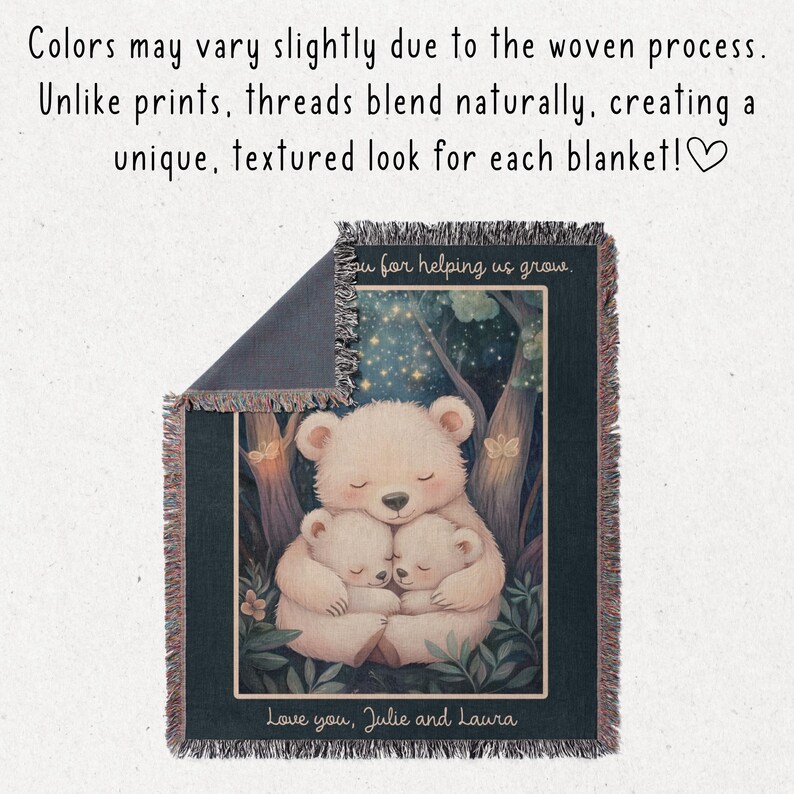 May include: A woven tapestry throw blanket with a dark blue background featuring a white bear with two cubs. The bears are nestled together in a forest setting with stars and butterflies. The text "Thank you for helping us grow. Love you, Julie and Laura" is printed on the blanket.