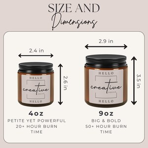 May include: Two brown glass jar candles with black lids. The smaller candle is 2.4 inches wide and 2.6 inches tall, while the larger is 2.9 inches wide and 3.5 inches tall. Each candle has a label that reads "HELLO creative DESIGN HELLO". The smaller candle is 4oz and the larger is 9oz.
