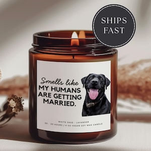 May include: A lit brown glass candle jar with a white label featuring a black Labrador illustration. The label reads "Smells like MY HUMANS ARE GETTING MARRIED." The candle is scented with white sage and lavender, and is a 4 oz vegan soy wax candle.