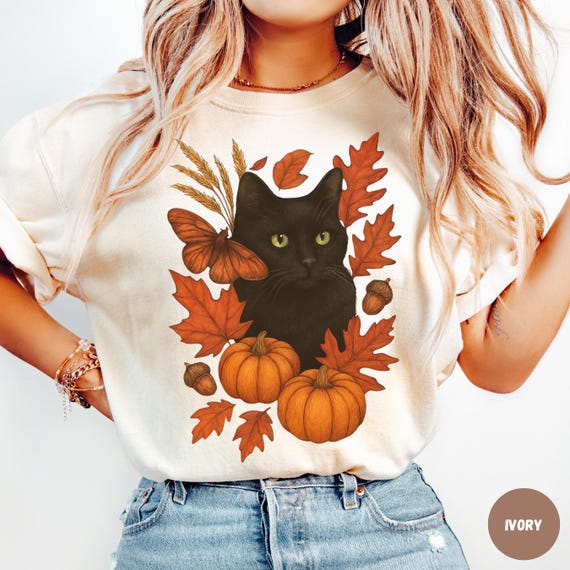 Fall Cat Shirt Comfort Colors, Cat Person Tee, Autumn Cat Lover Gift, Black Cat Pumpkin Shirt, Cozy Fall Cat Graphic Tee, Fall Cat Gift