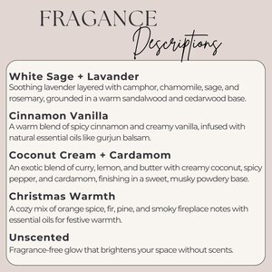 May include: Text on a cream-colored background reads "FRAGANCE Descriptions." Below, descriptions of various scents are listed, including "White Sage + Lavander," "Cinnamon Vanilla," "Coconut Cream + Cardamom," "Christmas Warmth," and "Unscented."