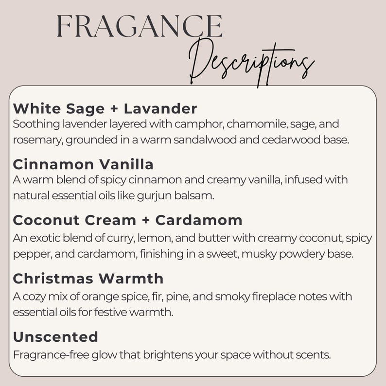 May include: Text on a cream-colored background reads "FRAGANCE Descriptions." Below, descriptions of various scents are listed, including "White Sage + Lavander," "Cinnamon Vanilla," "Coconut Cream + Cardamom," "Christmas Warmth," and "Unscented."