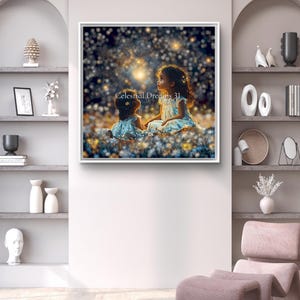Twinkling Celestial Twin Girls Art Print - Whimsical Starry Sky Nursery Decor