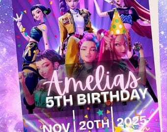 KPOP デーモンハンター誕生日招待カード、KOP デーモンハンターキッズ、編集可能なKポップ誕生日招待状、Kポップウォリアーズ招待状