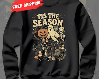 Vintage Halloween Sweatshirt, Tis The Season Skeleton Pumpkin Ghost Halloween TShirt, Retro Fall Spooky Shirt
