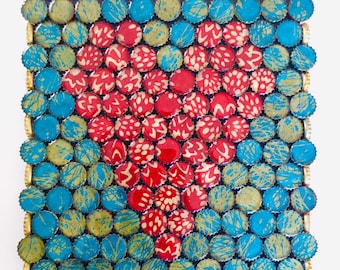 Recycled Bottle Cap Heart Art: Magenta, Blue & Gold Resin Decor