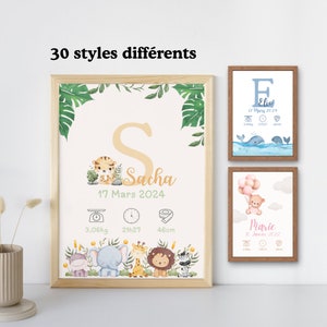 Pôster personalizado de nascimento de bebê/criança, nome, inicial, peso, altura e hora. 30 estilos diferentes com animais.