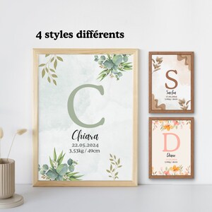 Poster personalizado de nascimento de criança e bebê, inicial com nome, data, hora, peso e altura de nascimento.