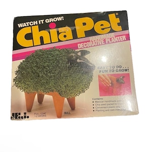 May include: A Chia Pet bull planter with a full coat of green sprouts. The box reads "Watch it Grow! Chia Pet Handmade Decorative Planter." The planter is orange with a bull shape. Includes a seed packet and planting instructions.