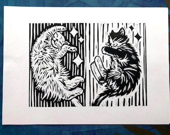猫のシルエットリノカット版画：オリジナル限定版アート - Etsy 日本