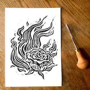 Flaming rose linoprint