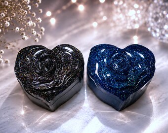 Handmade Resin Rose Flower Trinket Box, Gothic Bedroom Decor Gift, Anniversary Gift For Her, Glitter Heart Keepsake Box, Valentines Day Gift
