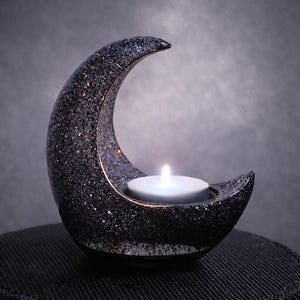 Black Crescent Moon LED Tea Light Candle Holder, Gothic Gifts, Witchy Gifts, Dark Home Decor, Halloween Shelf Decor, New Age Celestial Decor image 1
