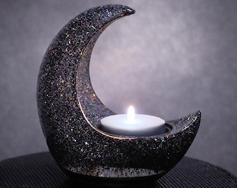 Black Crescent Moon LED Tea Light Candle Holder, Gothic Gifts, Witchy Gifts, Dark Home Decor, Halloween Shelf Decor, New Age Celestial Decor