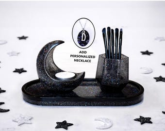 Black Moon Tea Light Candle Holder Vanity Tray Gift Set, Personalized Gift For Her with Initial Necklace, Teen Gothic Gifts, Witchy Gifts